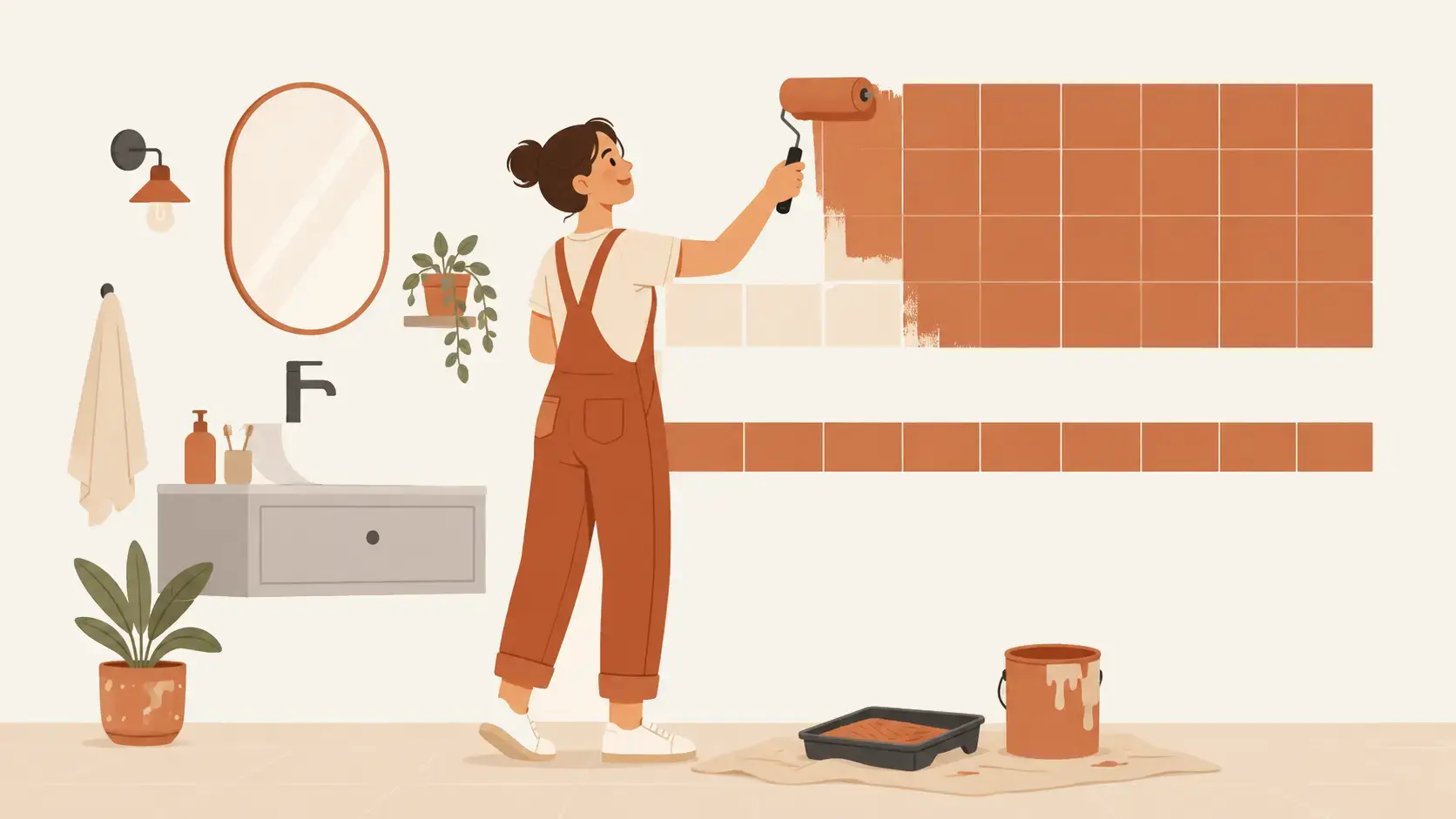 Illustration d'une personne repeignant un carrelage de salle de bain