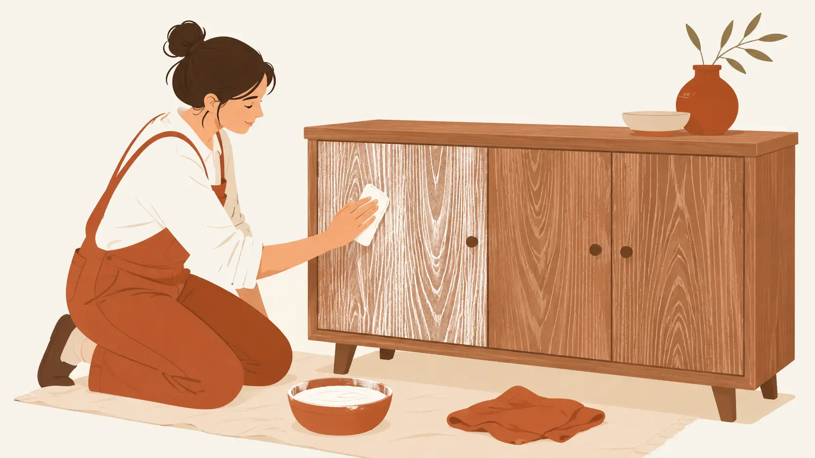 Illustration d'une personne cérusant un meuble en bois