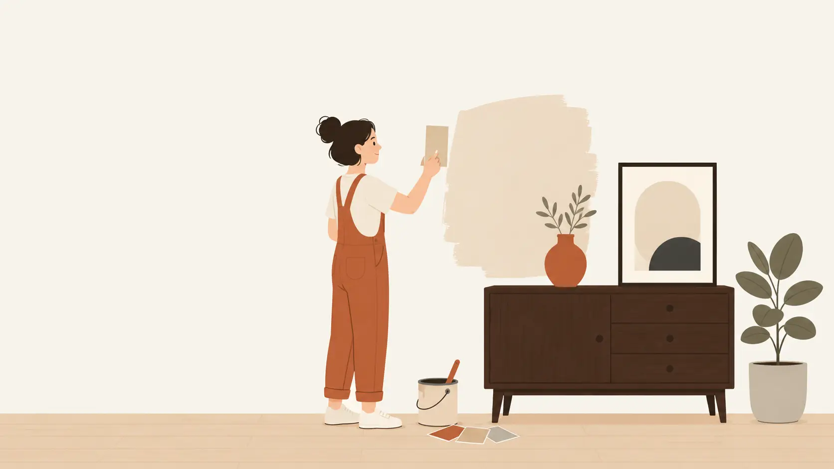 Illustration d'un mur beige associé à des tons foncés et du bois