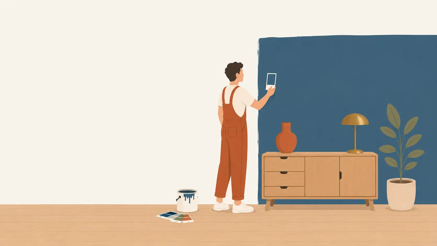 Illustration d'un mur bleu associé à du bois et des tons chauds