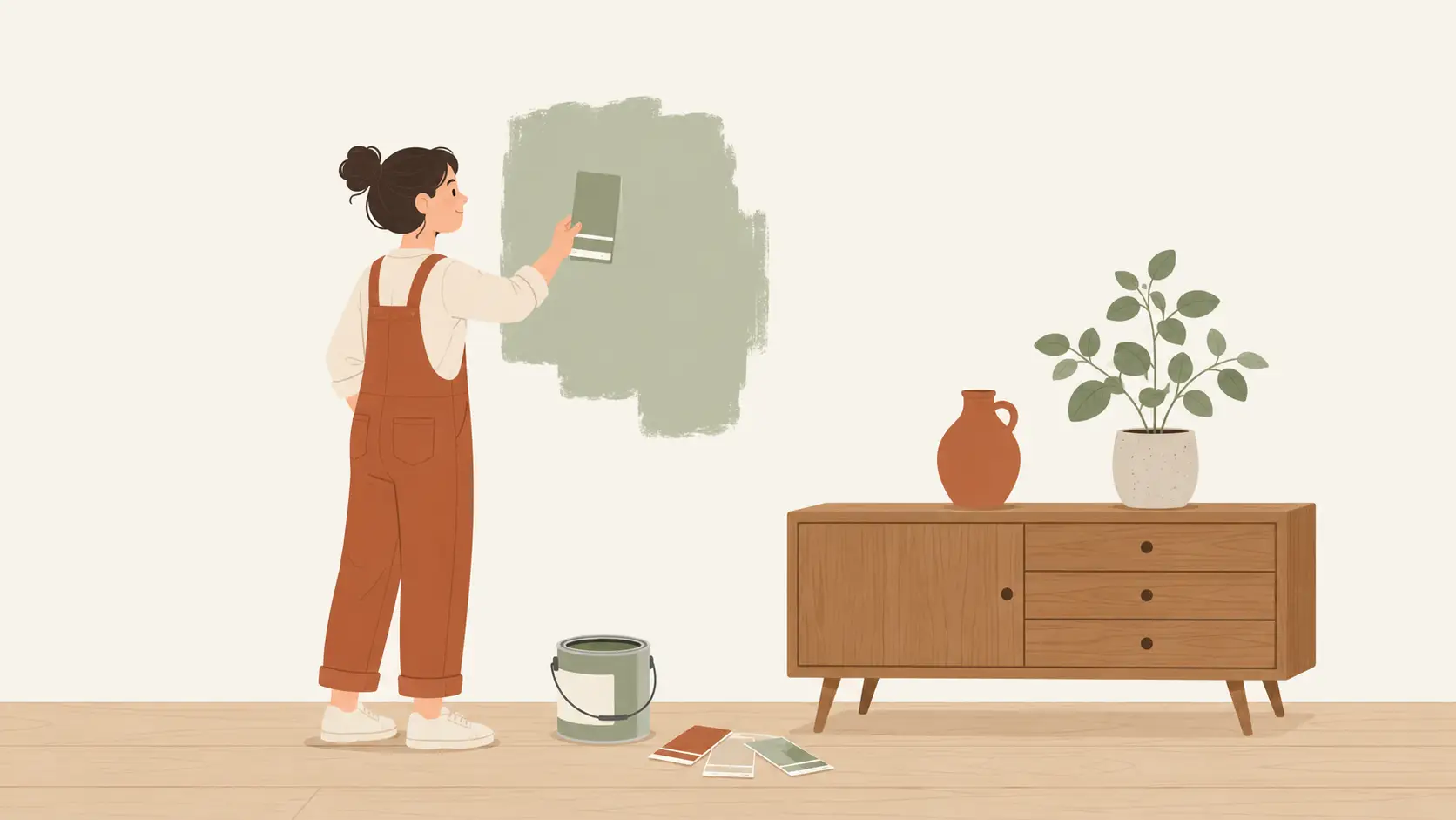 Illustration d'un mur vert associé à du bois et des tons chauds