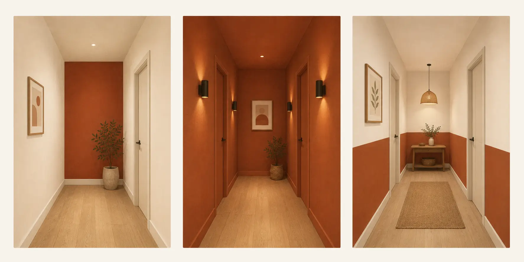 Trois traitements de couleur dans un couloir : mur du fond foncé, couloir sombre assumé, soubassement
