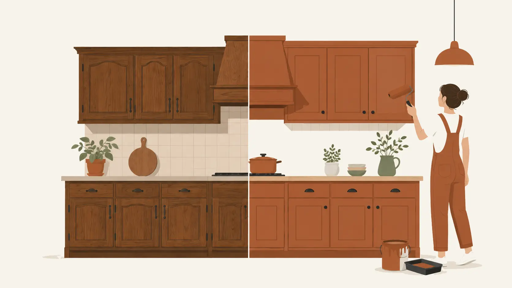 Illustration d'une cuisine en chêne relookée avant après