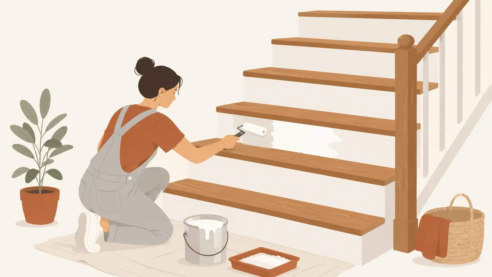 Illustration d'une personne peignant un escalier en bois