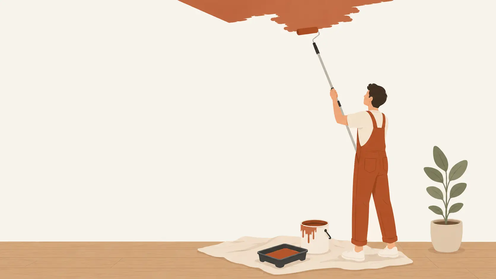 Illustration d'une personne peignant un plafond au rouleau avec un manche télescopique