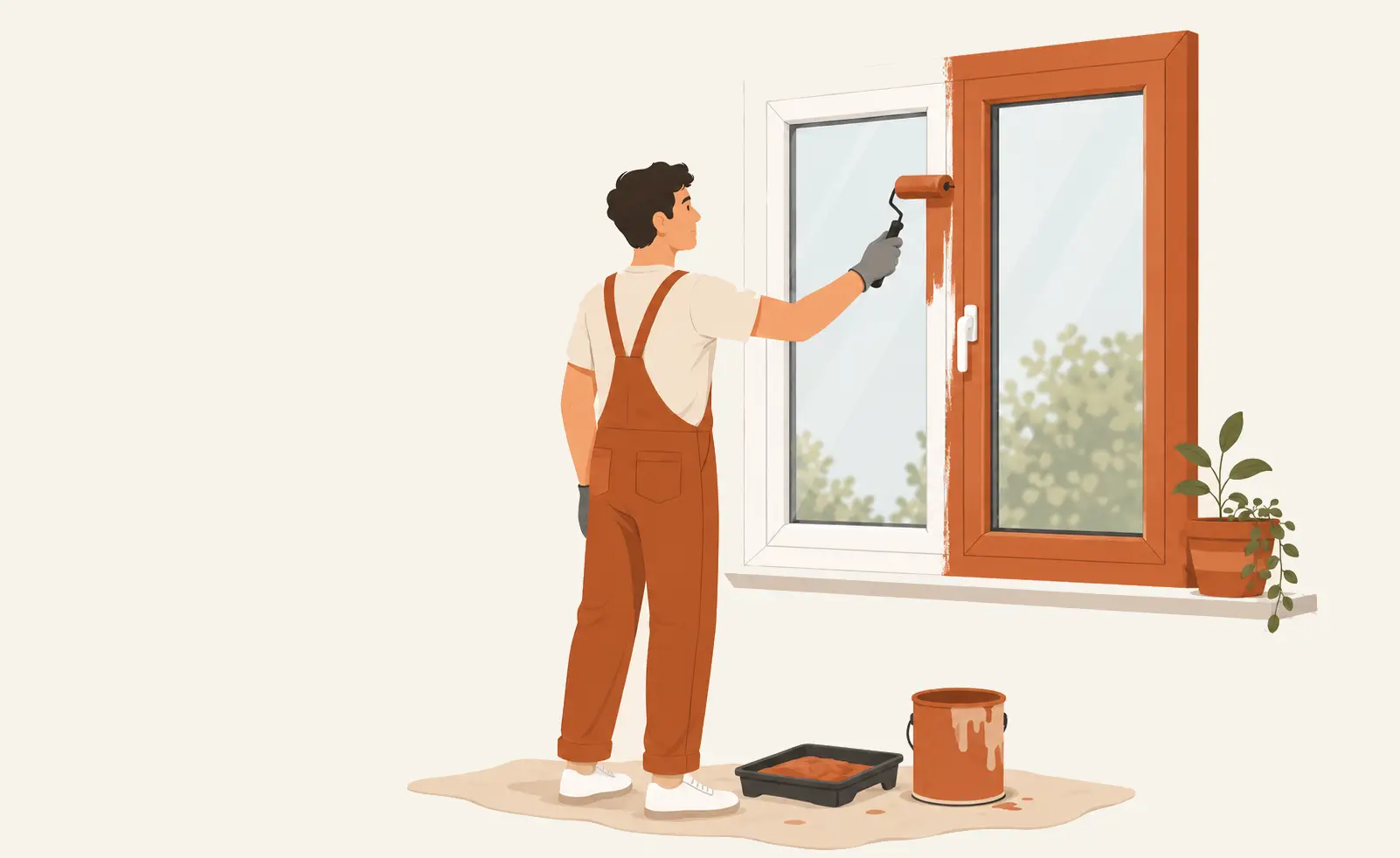 Illustration d'une personne repeignant une fenêtre en PVC