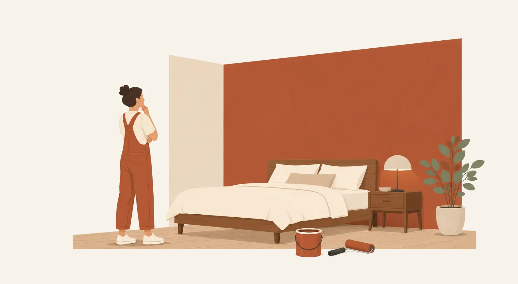 Illustration d'une chambre avec le mur derrière le lit peint en couleur