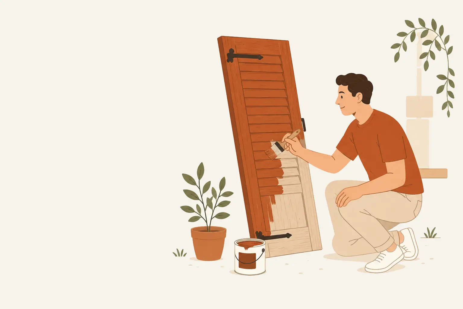 Illustration d'une personne peignant des volets en bois