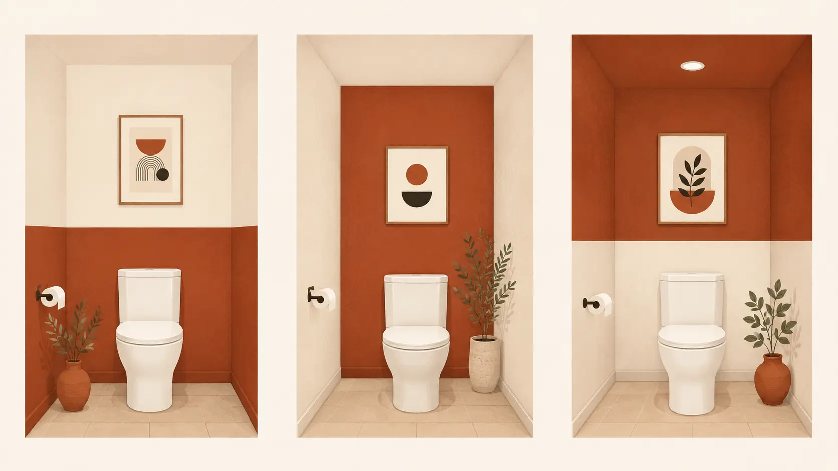 Trois dispositions de peinture deux couleurs dans des WC : bas foncé, mur d'accent, haut foncé